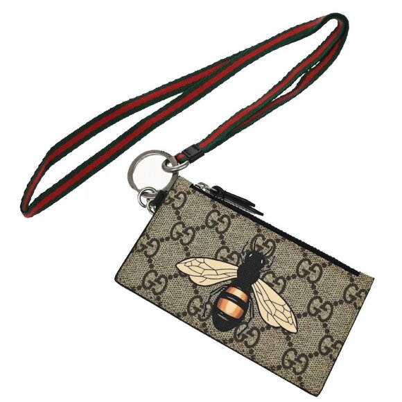 GUCCI Bee Print GG Coin Wallet Key Case Strap Supreme Leather Brown 38YH676 - Picture 1 of 13